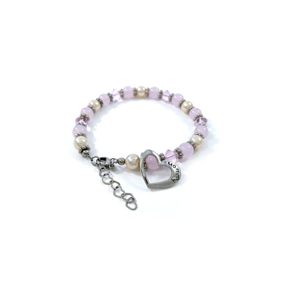 Mommy Pink Beaded Heart Charm Bracelet
